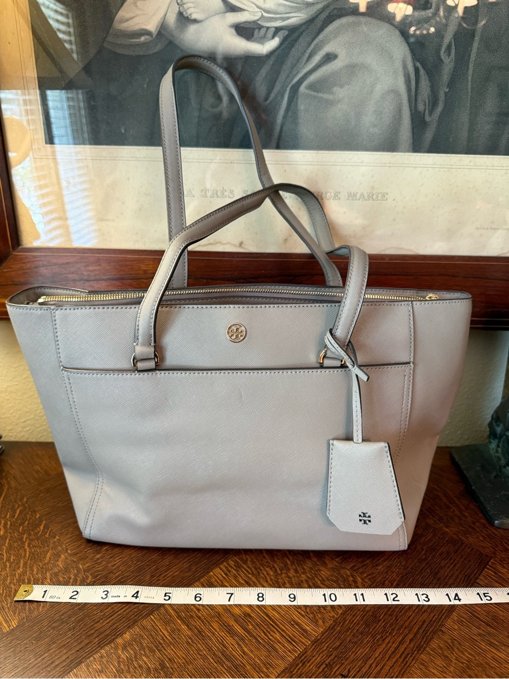 Tory Burch Light Gray Saffiano Leather Tote with Gold Logo